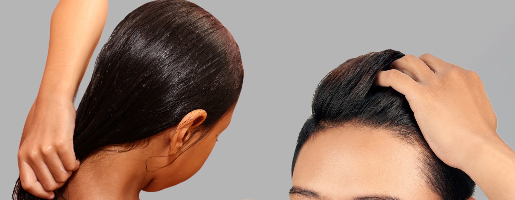 A close up image of two women with full hair lines and healthy hair