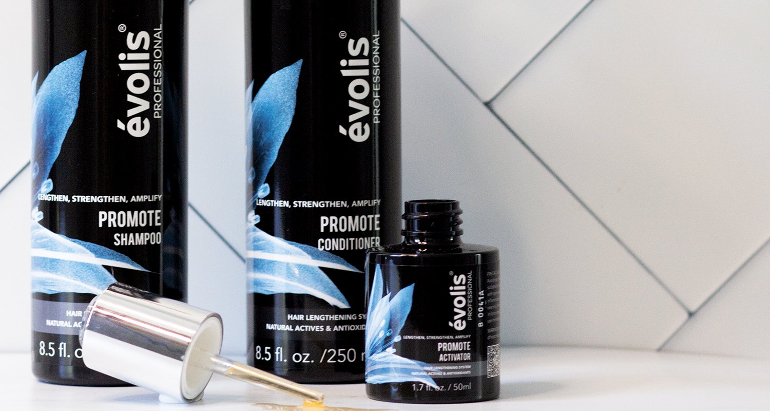 Close up image of the Evolis Promote 3 Step System (activator, shampoo & conditioner)